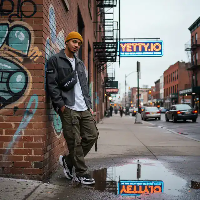 AI streetwear photo of a man beside a graffiti wall under a neon sign, made with PixiePop