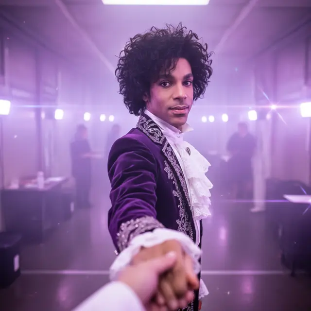 AI portrait of a musician in a purple suit reaching toward the camera, made with PixiePop