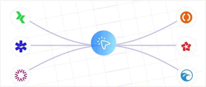 Illustration of six app logos connecting into one central automation hub