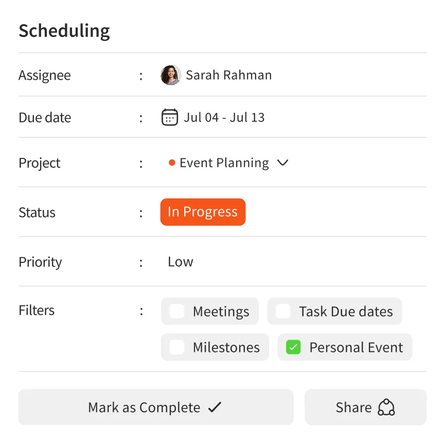 Task scheduling panel illustration with assignee, due date, status, and priority fields
